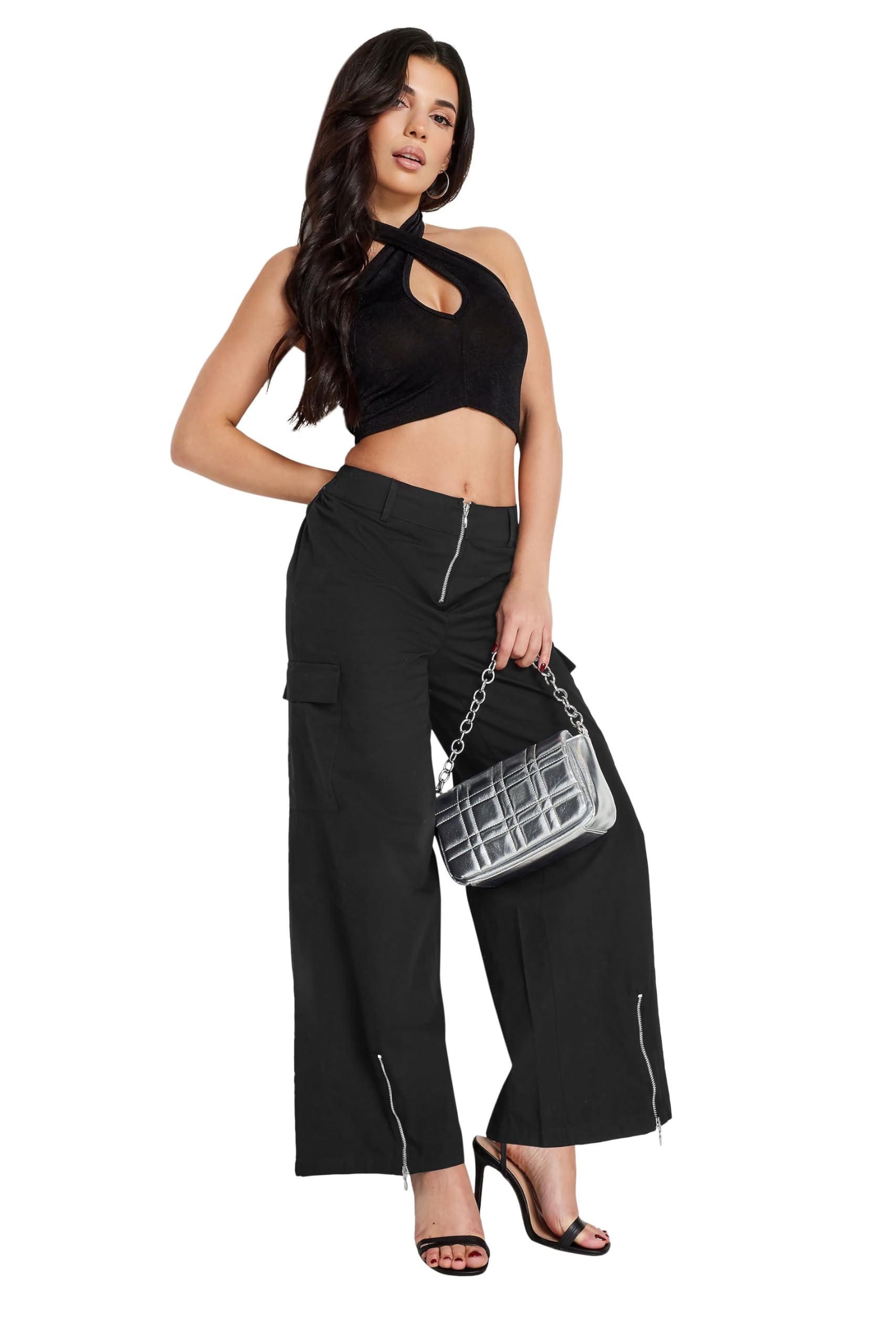 Pixiegirl Women's Black Petite Zip Detail Cargo Trousers In | Size: 14S