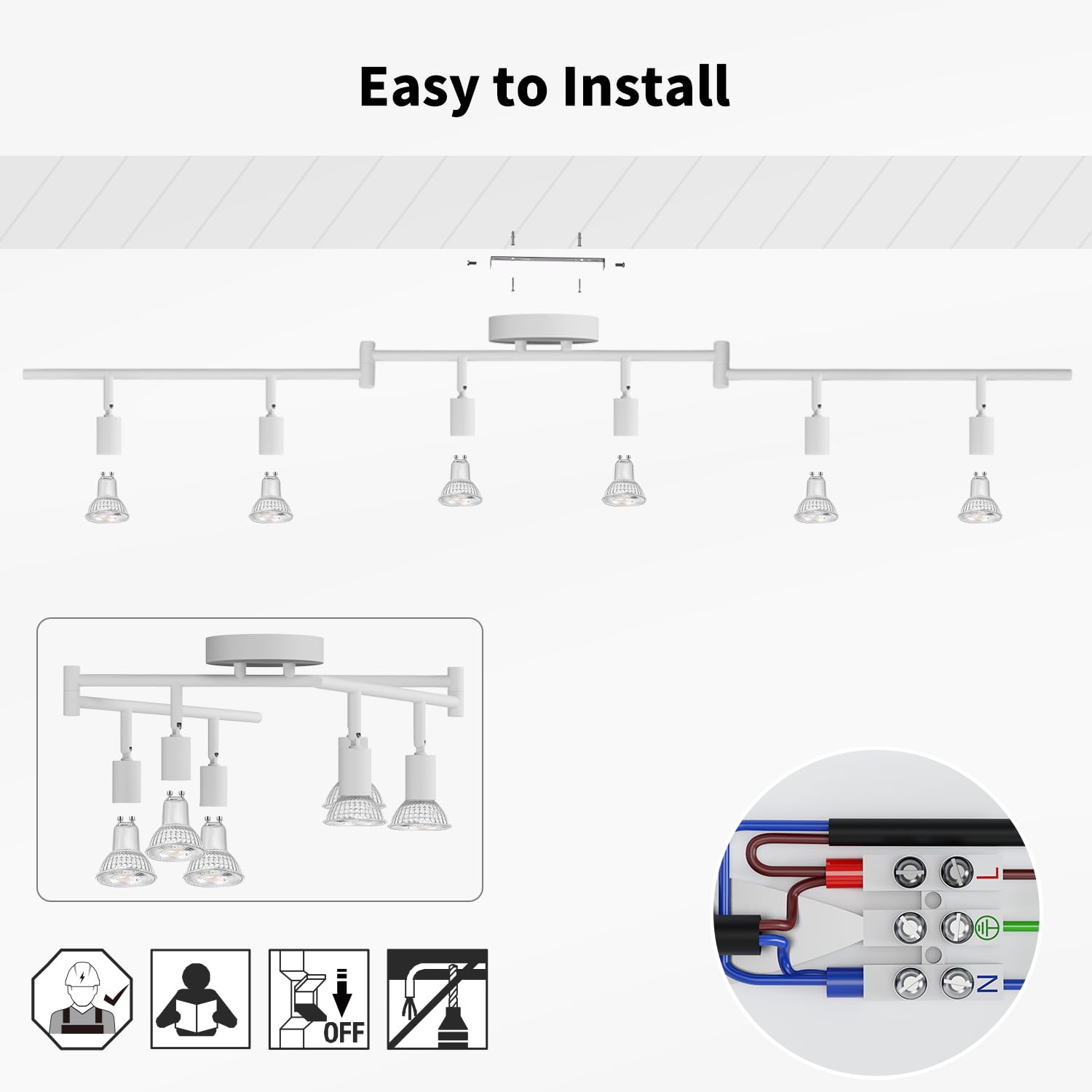 LVWIT Foco de techo blanco giratorio, 6 vías, luces de techo para sala de estar, luces de cocina GU10, luces de techo GU10, soporte de montaje de lámpara de techo para salón, dormitorio, comedor (sin