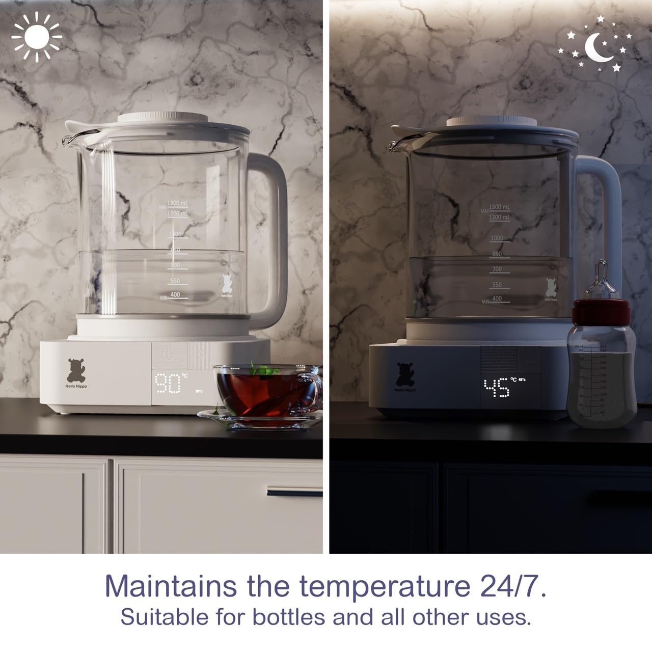 HELLO HIPPO® Bollitore Scaldabiberon 1300 mL in vetro - 800W basso consumo - Sterilizzatore per capezzoli - Mantiene il calore 24H - Temperatura regolabile da 45-100°C - Biberon, tè, cioccolato, caffè