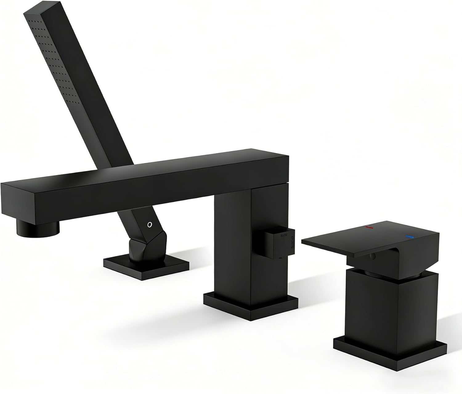 Modern Roman Tub Faucet with 360° Rotated Spout, Deck Mount Bathtub Faucet with Hand Shower, Widespread 3 Holes Bath Tub Filler Faucet Rough In Valve Included (Black)