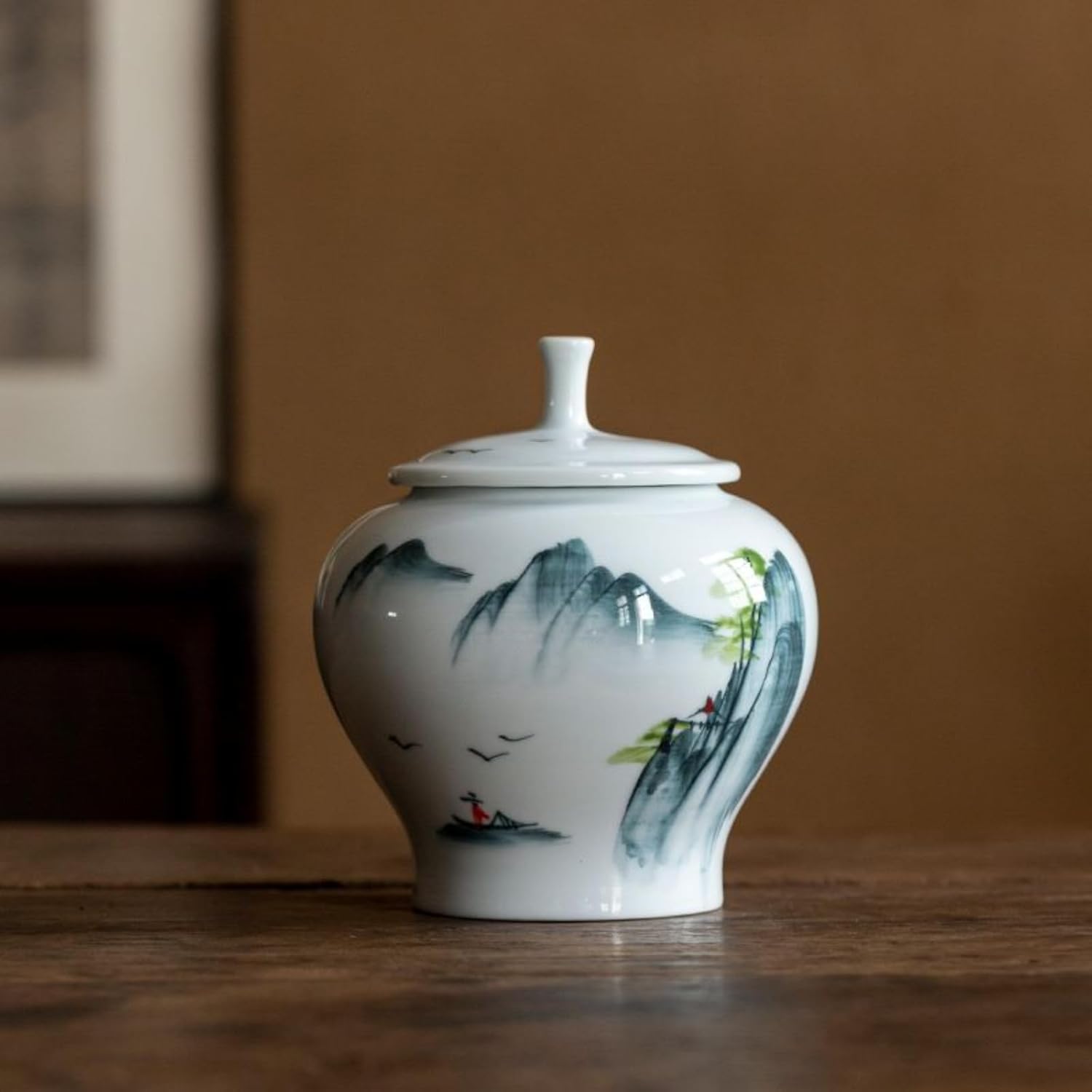 Hand-drawn Ceramics Tea Canister, 900ml 30.6oz, Sealed Jar Household Chinese Style Storing Tea Cans