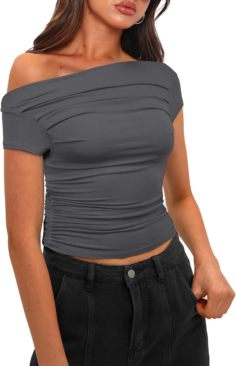 Darong Women's Summer Cap Sleeve Boat Neck Off Shoulder Top Going Out Slim Fit Tops Y2K Tight Shirts - Image 4