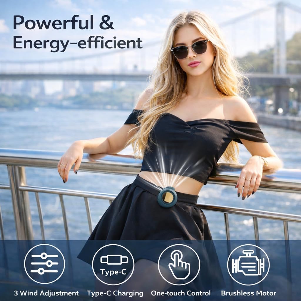 1666 Portable Clip On Mini Fan for Shirt & Waist, Wearable Bladeless Personal Fan, USB C Rechargeable, 3 Speed Quiet Small Travel Fan for Outdoor Office Concert