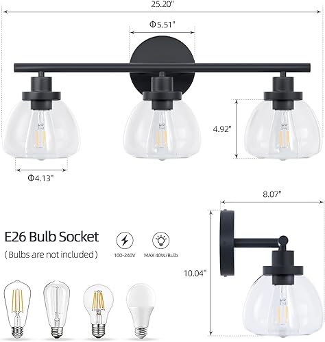 Miniatura 4 de Lámparas de baño de 3 luces mejoradas 2025, luces de tocador modernas negras de 25 pulgadas con pantalla de vidrio transparente, lámpara de pared de