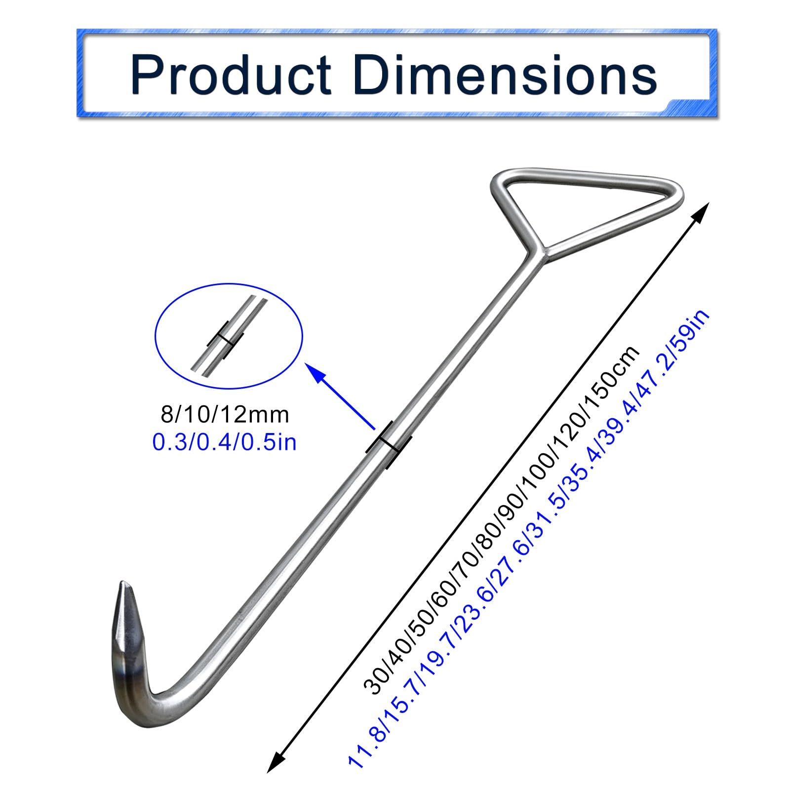 Gancho de Boca de Acero Inoxidable con Bucle Triangular | Gancho de tracción de anillo triangular, herramienta de palanca multiusos para alcantarillas(10mm/0.4in Pointed,1.5m/59in)