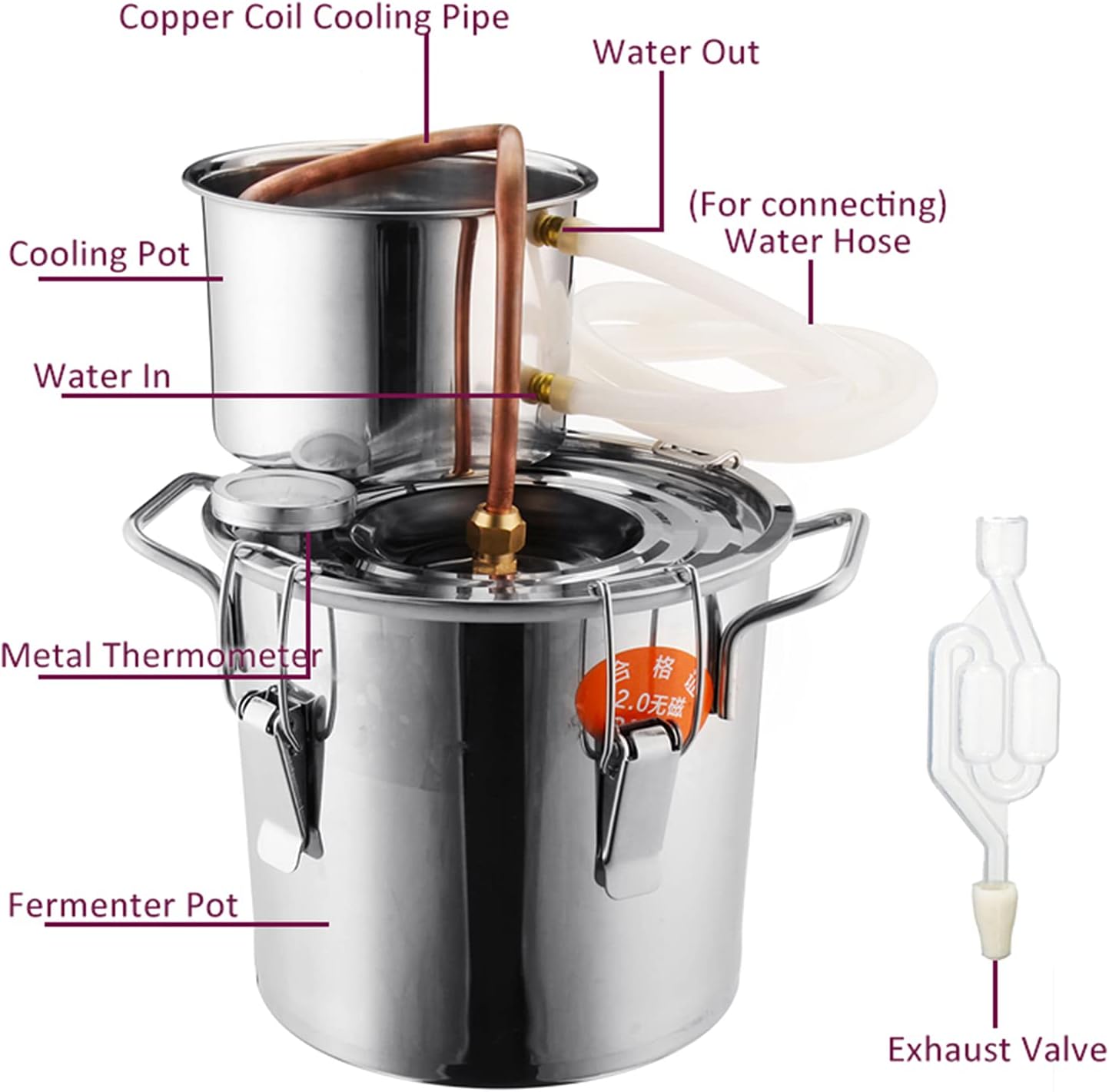 AIZYR High Seal Home Alcohol Distiller - Stainless Steel Moonshine Still Kit with Copper Tube for DIY Whiskey, Brandy, Distilled Water