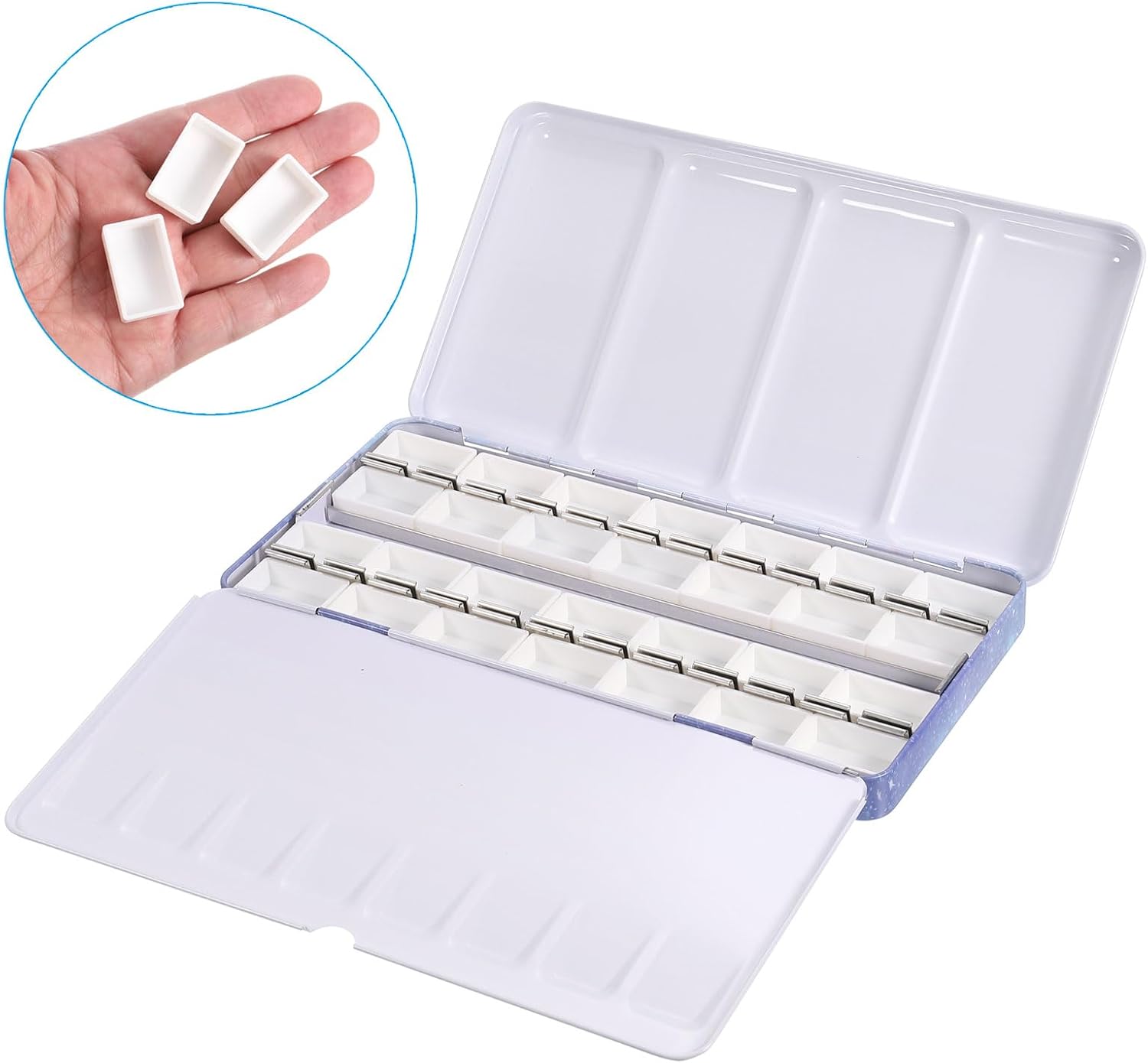 PATIKIL Empty Watercolor Palette, Metal Watercolor Tin with 28pcs Full Pans Paint Case with Lid Paint Box for Travel Gouache Oil Painting, Blue 28 Wells