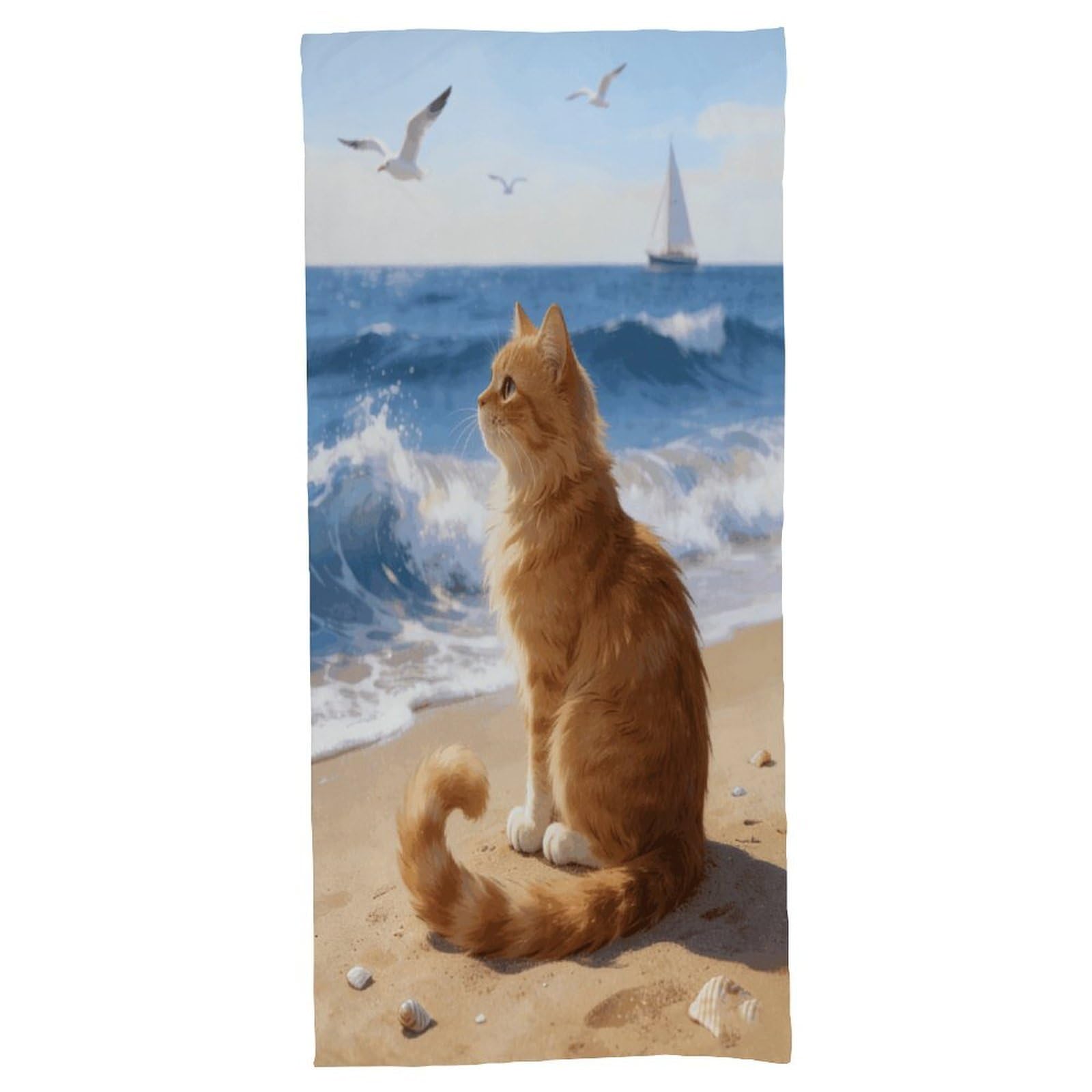 Fodpand Style Wave Sound And Cat Bath Towel, Highly Absorbent & Quick Drying Beach Towel, Compact & Lightweight Pool Towel For Bathroom, Beach, Pool, Gym, Spa, And Hotel Use