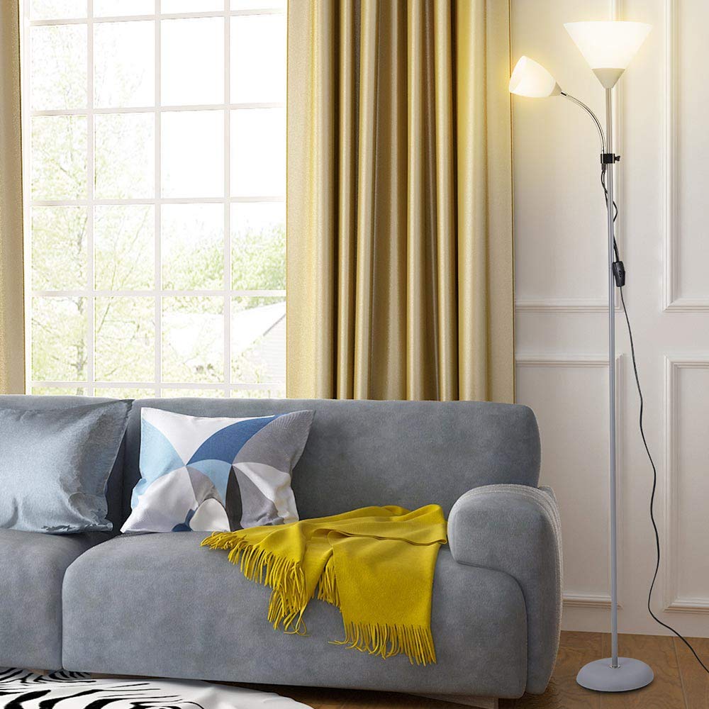 BAKAJI Lampada da Terra Piantana Design Moderno In Metallo con Doppio Paralume Braccio Flessibile Luce Direzionabile Altezza 180cm per Casa Salotto Camera letto (Paralume Cono)