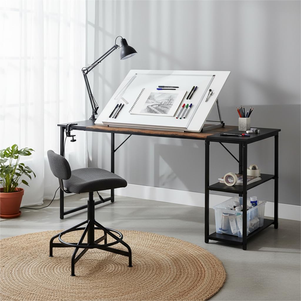 FurnitureR - Mesa de Dibujo Industrial (120 cm, Bandeja Bicolor, Retro, marrón y Negro, 2 estantes Laterales para Suministros, Ajuste de Altura, Ideal Taller, creación o Oficina en casa