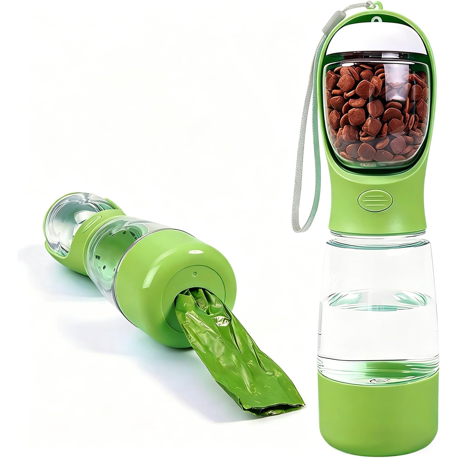 4-in-1 Dog Water Bottle with Food Container, Travel Puppy Water Bowl Built-in Waste Bag Storage, Portable Leak-Proof Pet Dispenser, Dog Gift, Puppy Essentials for Cat Walking and Hiking (Green)