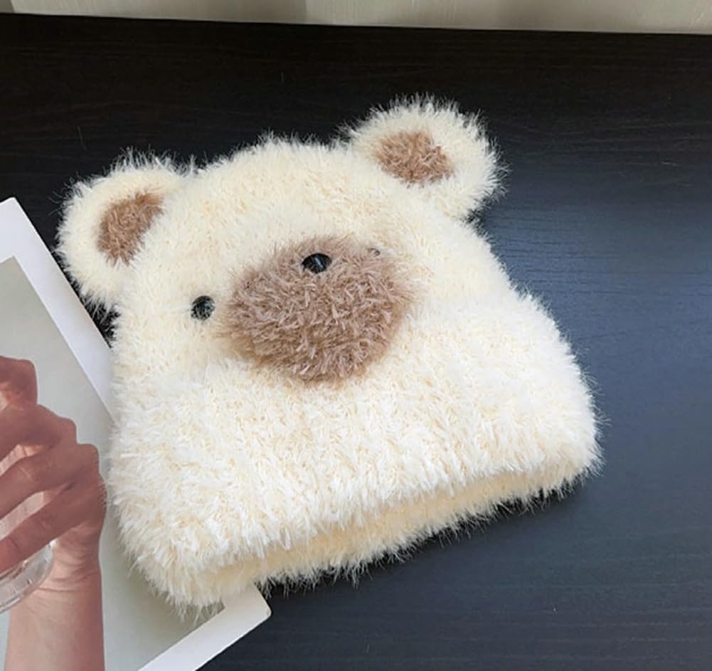 Cute Fuzzy Bear Ears Beanie Hats for Women Y2K Slouchy Plush Knitted Beanie Fur Furry Winter Hat Cozy Warm Crochet Skull Cap - Image 7