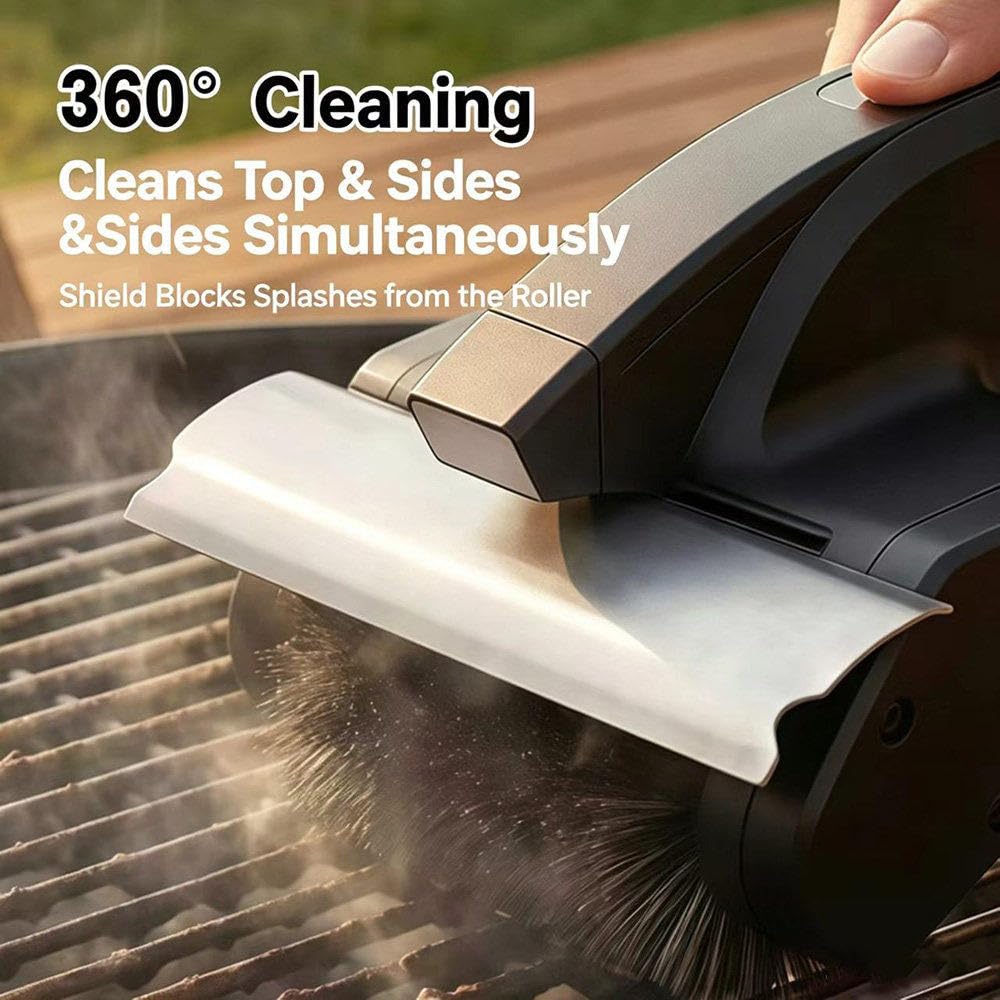 Spazzola Elettrica Senza Fili per Barbecue, Pulitore Rotante A 360°, con Protezione Antischizzo, Luce LED E Rullo Rimovibile in Acciaio Inox; Adatta per Griglie da Interno Ed Esterno