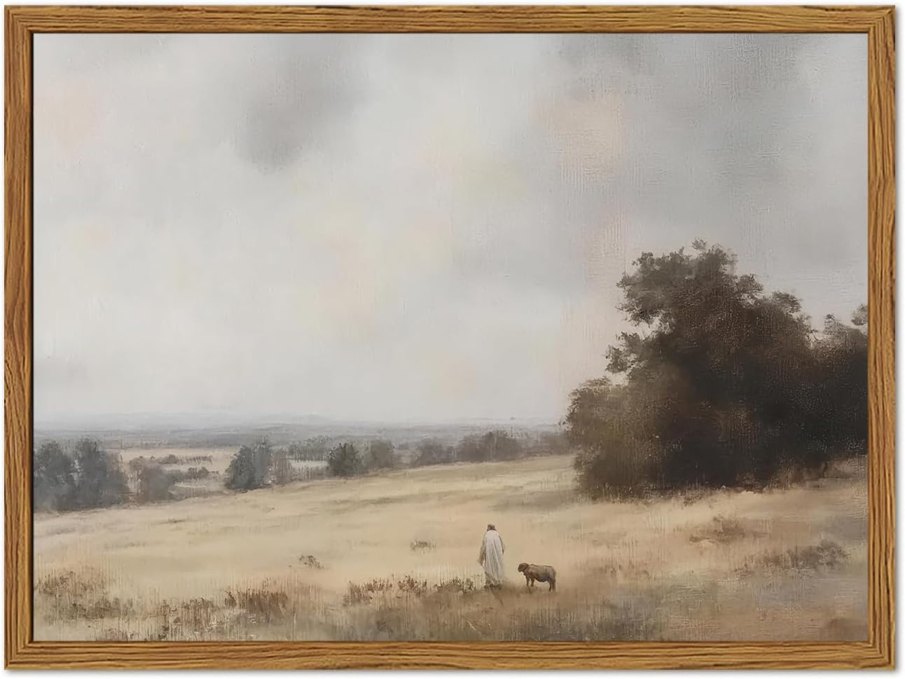 Jesus Leaves the 99 Sheep Wall Art Jesus and Lamb Painting Wall Decor Christian Religious Poster Canvas Prints for Prayer Room Living Bedroom 12x16 inch Wood Framed