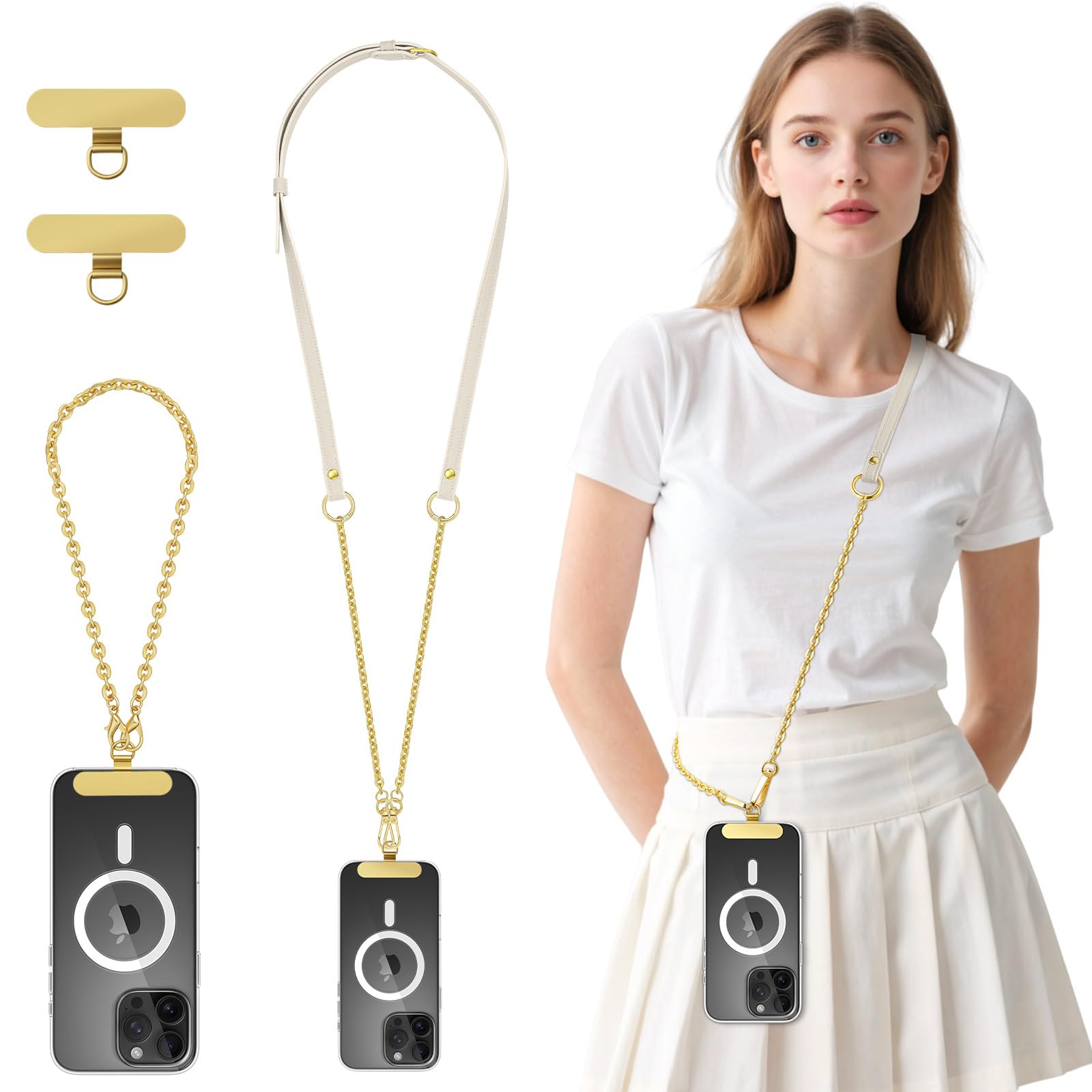 Moko Unisex White & Gold Universal Phone Crossbody Lanyard Phone Chain, Anti-Theft Adjustable Cellphone Cross Body Neck Strap & Iphone Wrist Strap With 2×Metal Tether Tabs For Iphone 17, Most Smartphones,