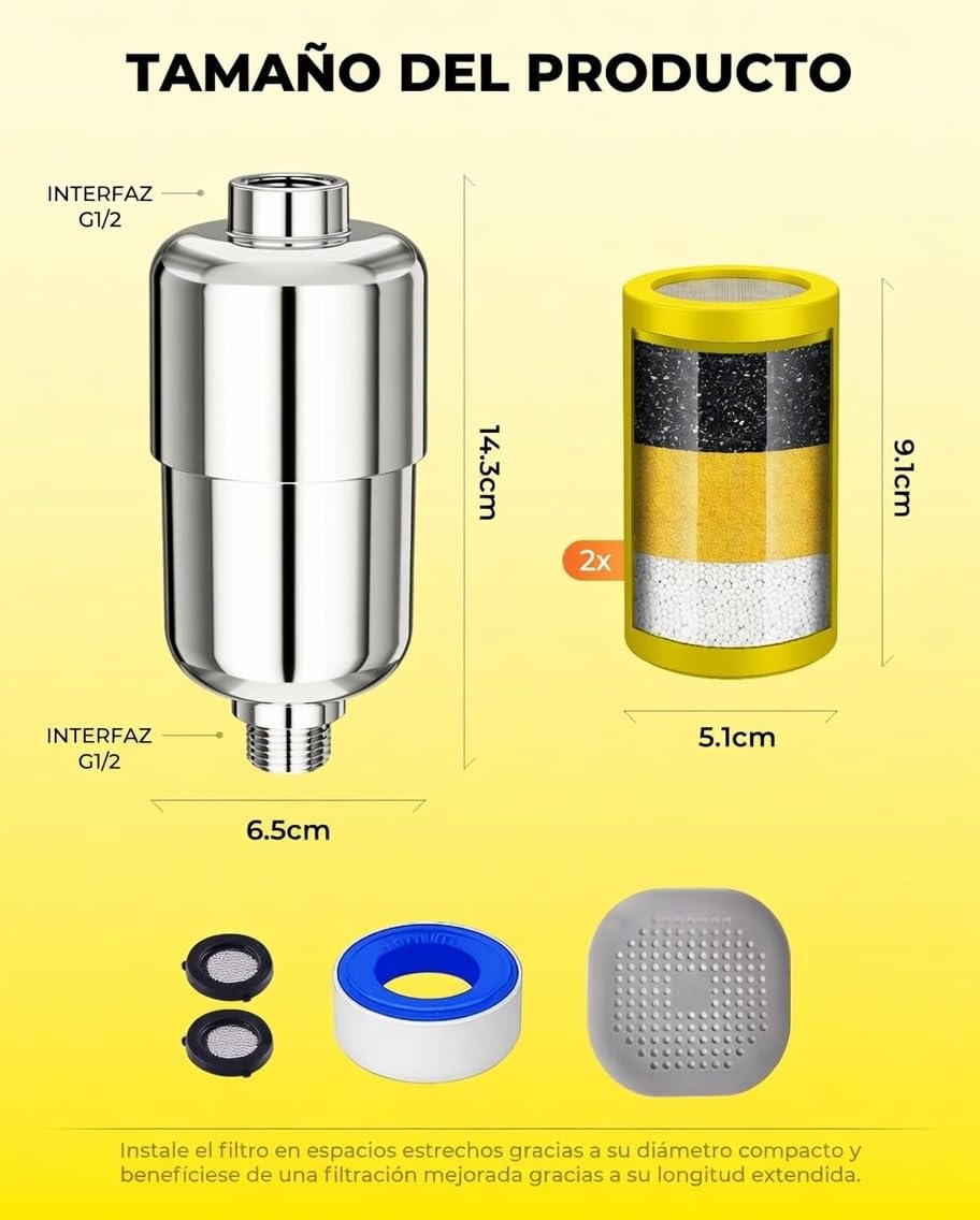 Filtro de Ducha de Alta Resistencia, Paquete de 2 Cartuchos – Elimina hasta el 99% del Cloro, Flúor, Metales Pesados e Impurezas del Agua Dura – Piel Más Saludable y Cabello Más Suave