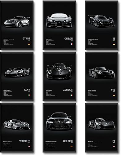 CSLGQGV Car Poster Vintage Racing Car Wall Art Supercar Canvas Prints Painting For Men Room Pictures Guys Dorm Room Aesthetics Decor Bedroom Office (Unframed,8×10inch,9pcs) black