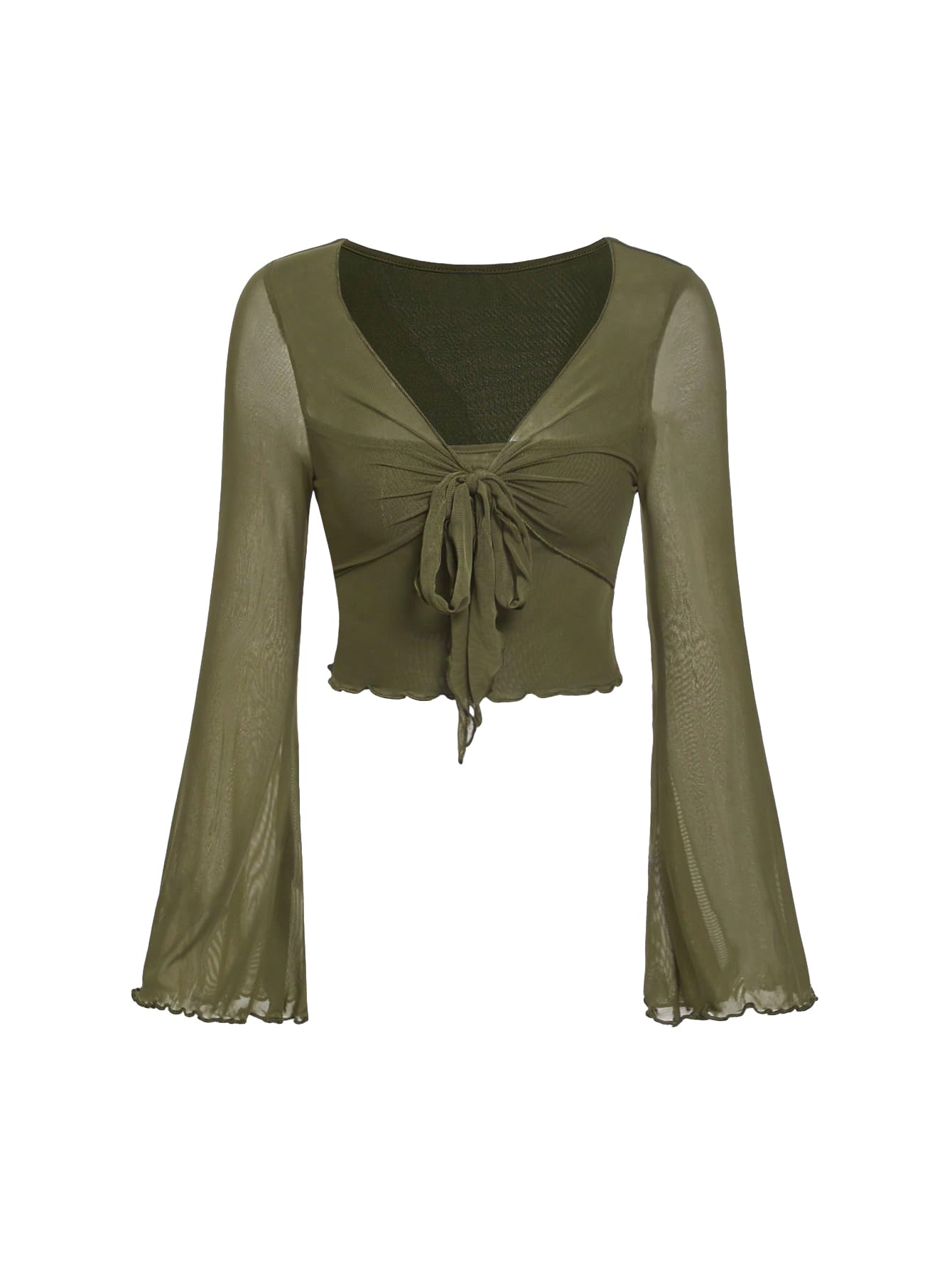 GORGLITTER Women's Tie Front Long Bell Sleeve Tops Ruched V Neck Sheer Mesh  Tops Army Green X-Small at Amazon Women's Clothing store