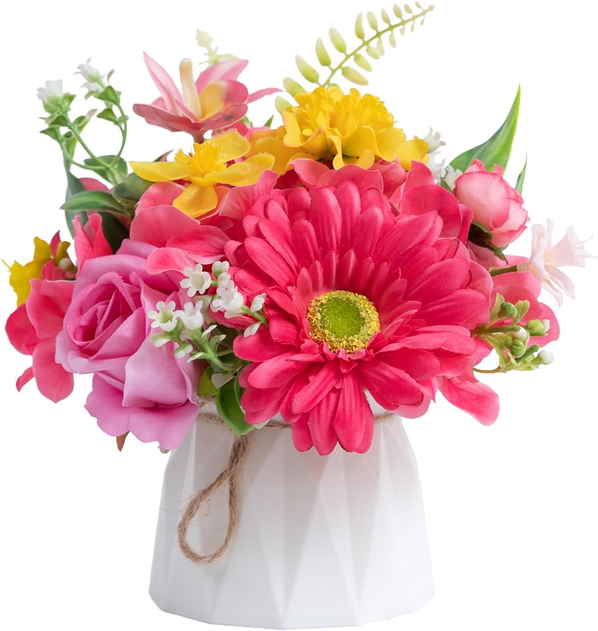 WELL KNOWN Small Fake Flowers in Plastic Vase 7" Centerpieces Coffee Table Decor, Silk Flower Arrangements for Home Decor Indoor Artificial Flower Bouquet for Dining Room Kitchen Wedding Yellow Pink