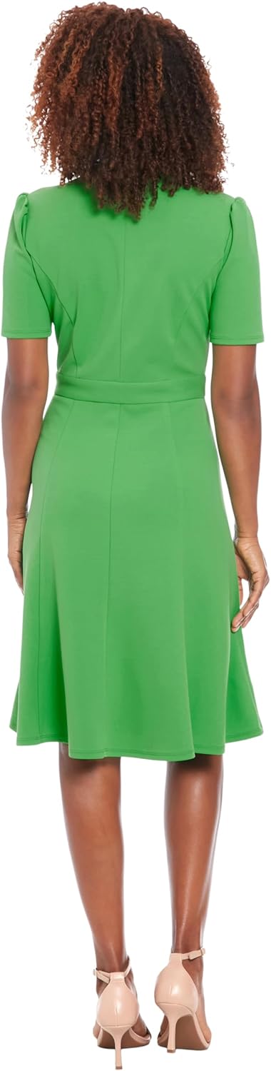 London Times Women's Dresses Women's Mock Neck Short Puff Sleeve Fit and  Flare - Professional Work Dress -