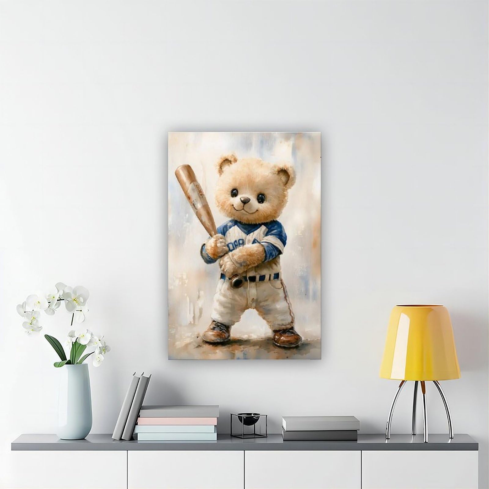 Leinwandposter mit Teddybär-Baseballspieler, Schlafzimmerdekoration, Landschaft, Büro, Raumdekoration, Geschenk, 61 x 91,4 cm (L x B)