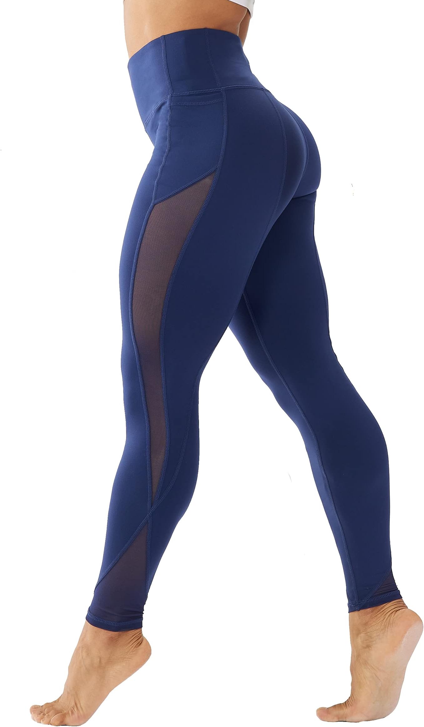 High Waisted Yoga Pants for Women Running Workout Mesh Leggings Side Pockets Squat Proof Tummy Control