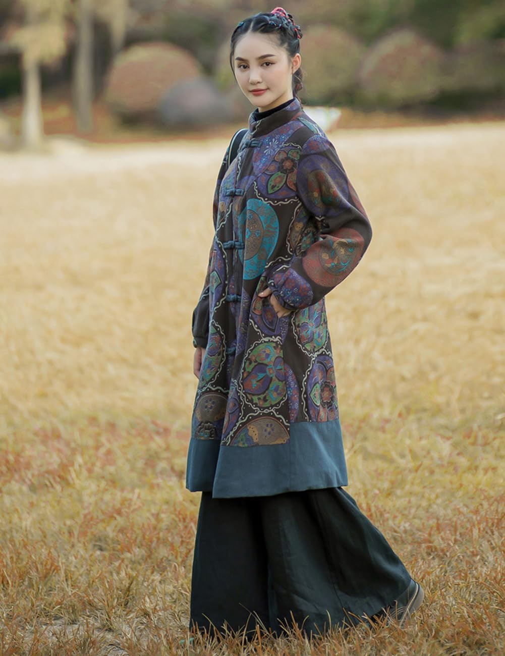 LUZU JUNU Women Winter Trench Coat Long Overcoat Printed Windbreaker Vintage Chinese Fleece Lined Warm Jacket