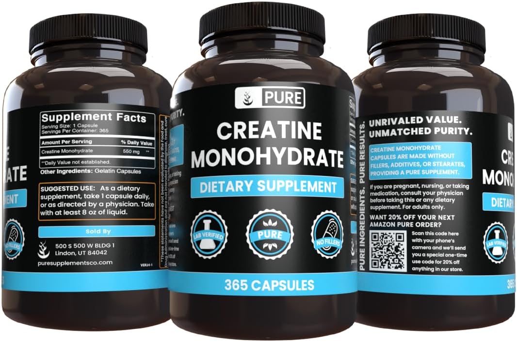 PURE ORIGINAL INGREDIENTS Creatine Monohydrate (365 Capsules) No Magnesium Or Rice Fillers, Always Pure, Lab Verified