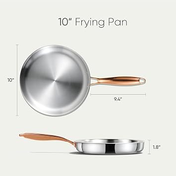 CAROTE 10 Tri-Ply Stainless Steel Frying Pan, Non-Toxic Egg Pan Omelet Pan, Oven Safe, Induction, Ceramic and Gas Cooktops Compatible, Polished Silver
