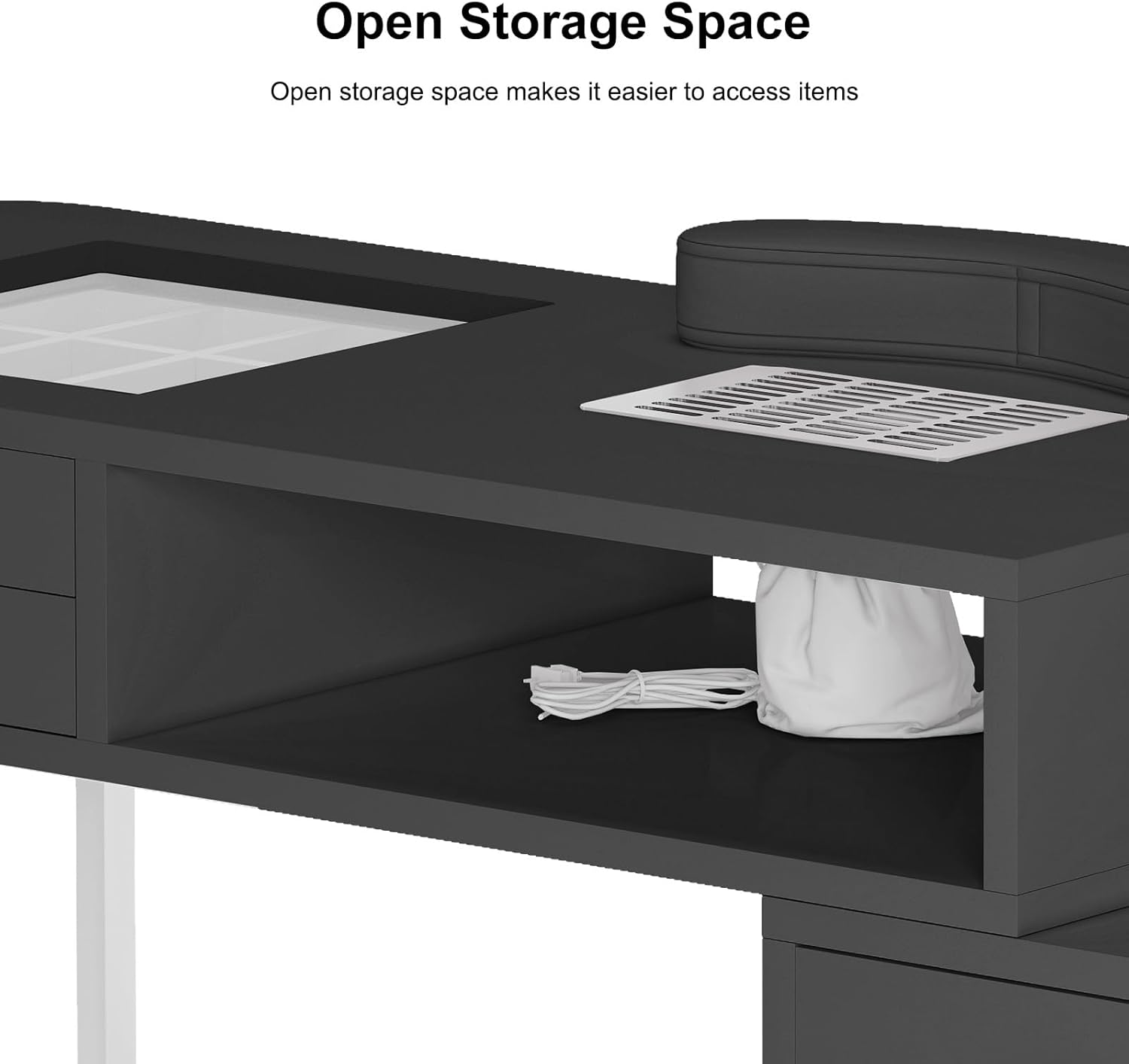 TABU Professional Manicure Table, Large Nail Table for Nail Tech with Pull-Out Drawers& Opening Storage Cabinets, Nail Workstation with Dust Collector, Wrist Cushion, Black