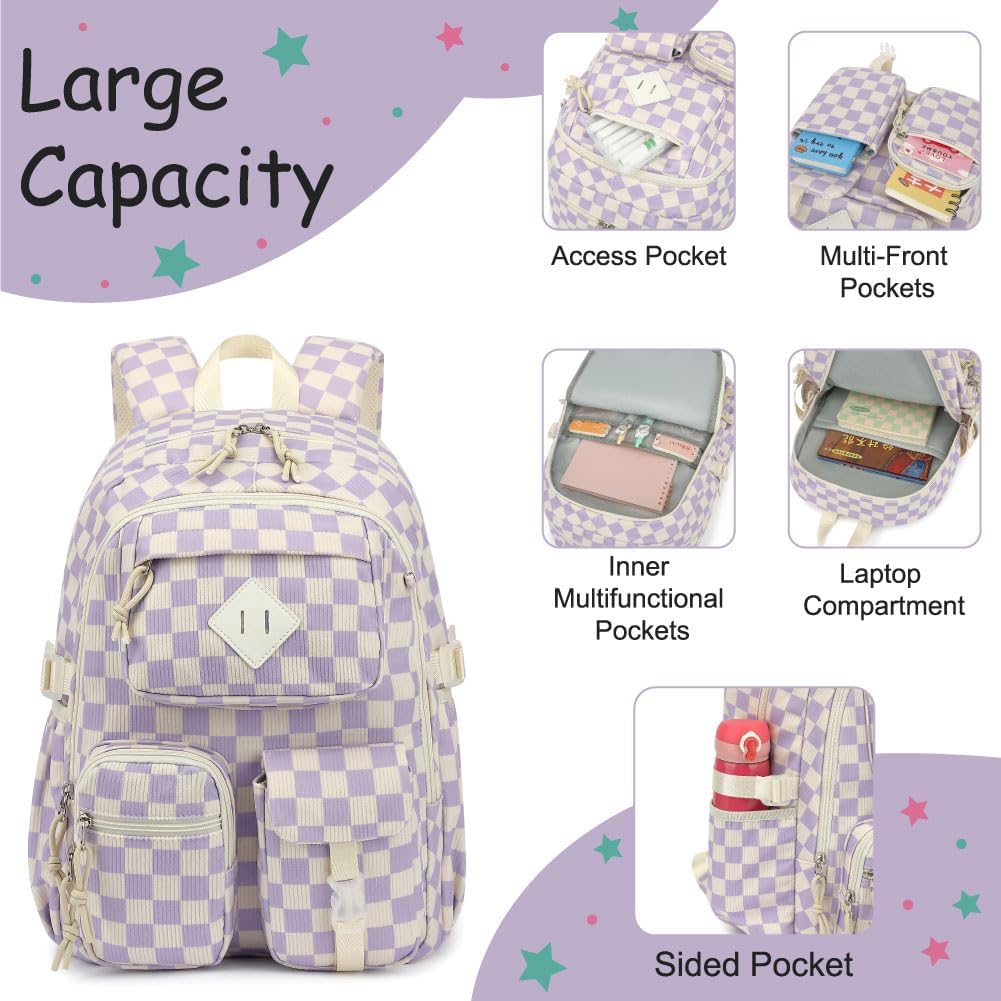 Corduroy 3-Piece Backpack Set for Girls Boys School Bookbag, Kids Backpacks with Lunch Box and Pencil Case (Ages 8-18)-Purple Checkered - Image 2