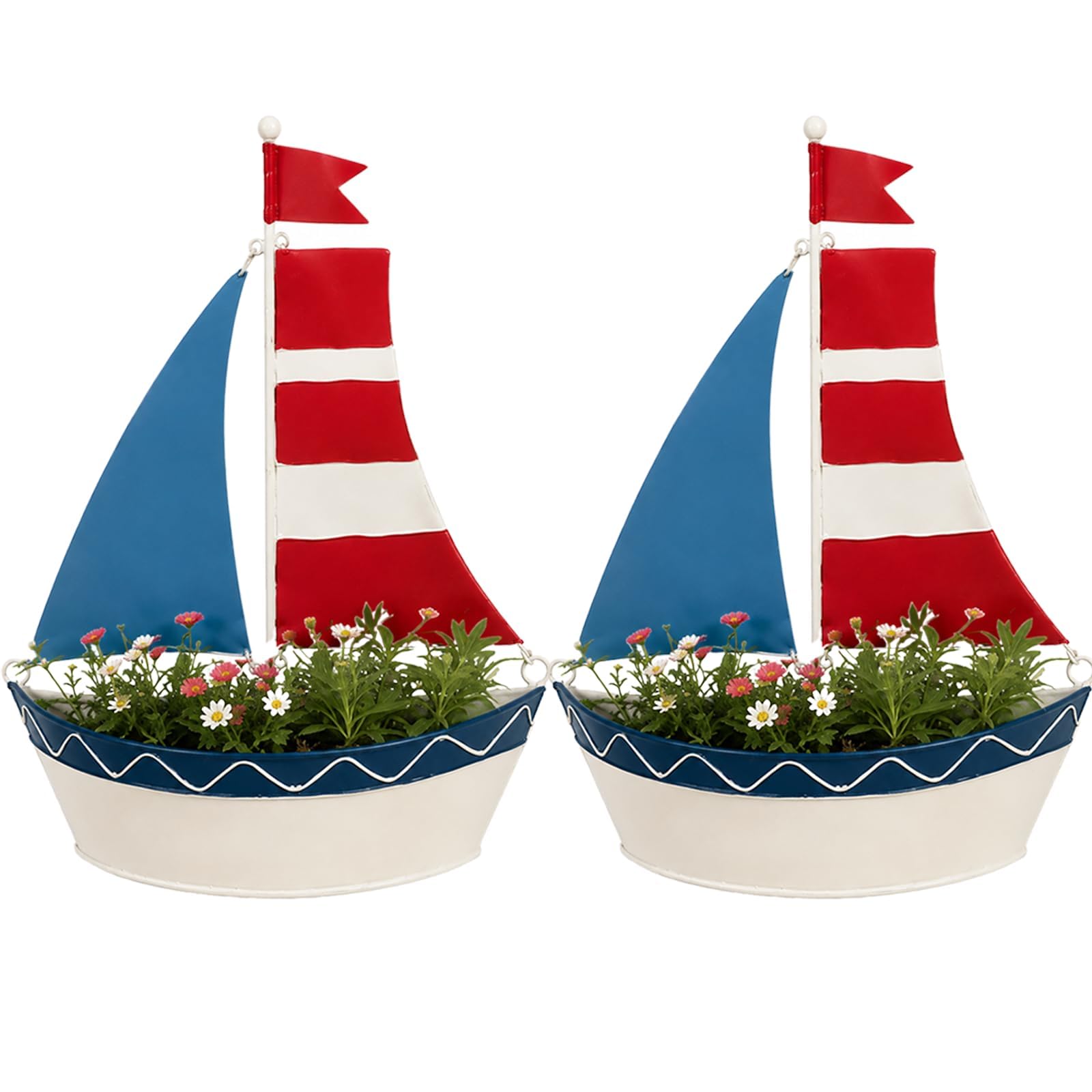 Sailboat Wall Hanging Flower Pot Nautical Metal Wall Planter Coastal Garden Decor Wall Mounted Planter for Garden Patio Porch Balcony Fence Beach House Farmhouse Decor (2pcs)