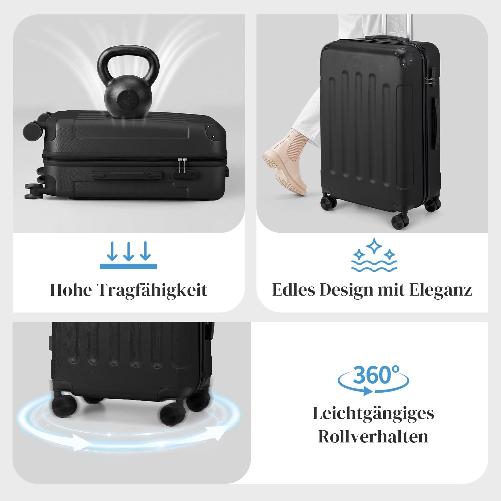 LEADZM Handgepäck Koffer mit Kosmetikkoffer, Koffer Set 2 teilig Hartschale mit verstärkten Ecken, Kofferset aus ABS, Reisekoffer, Hartschalenkoffer Set, Koffer & Trolleys (Schwarz)