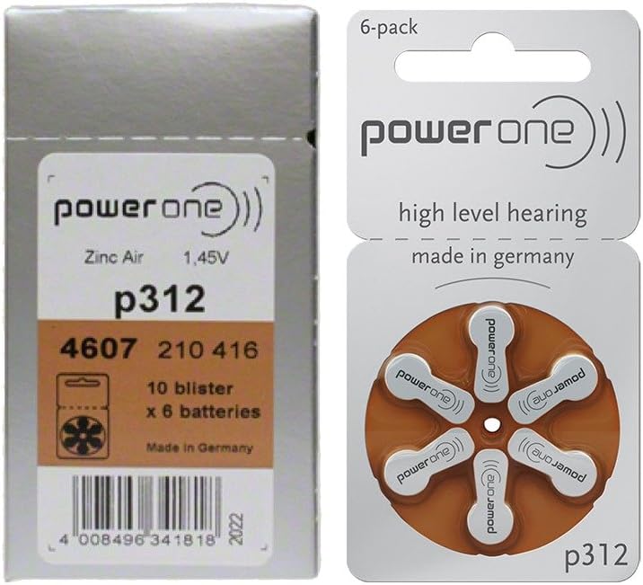 Power One 312 Hearing Aid Battery, 60 Pieces (Multi Color)