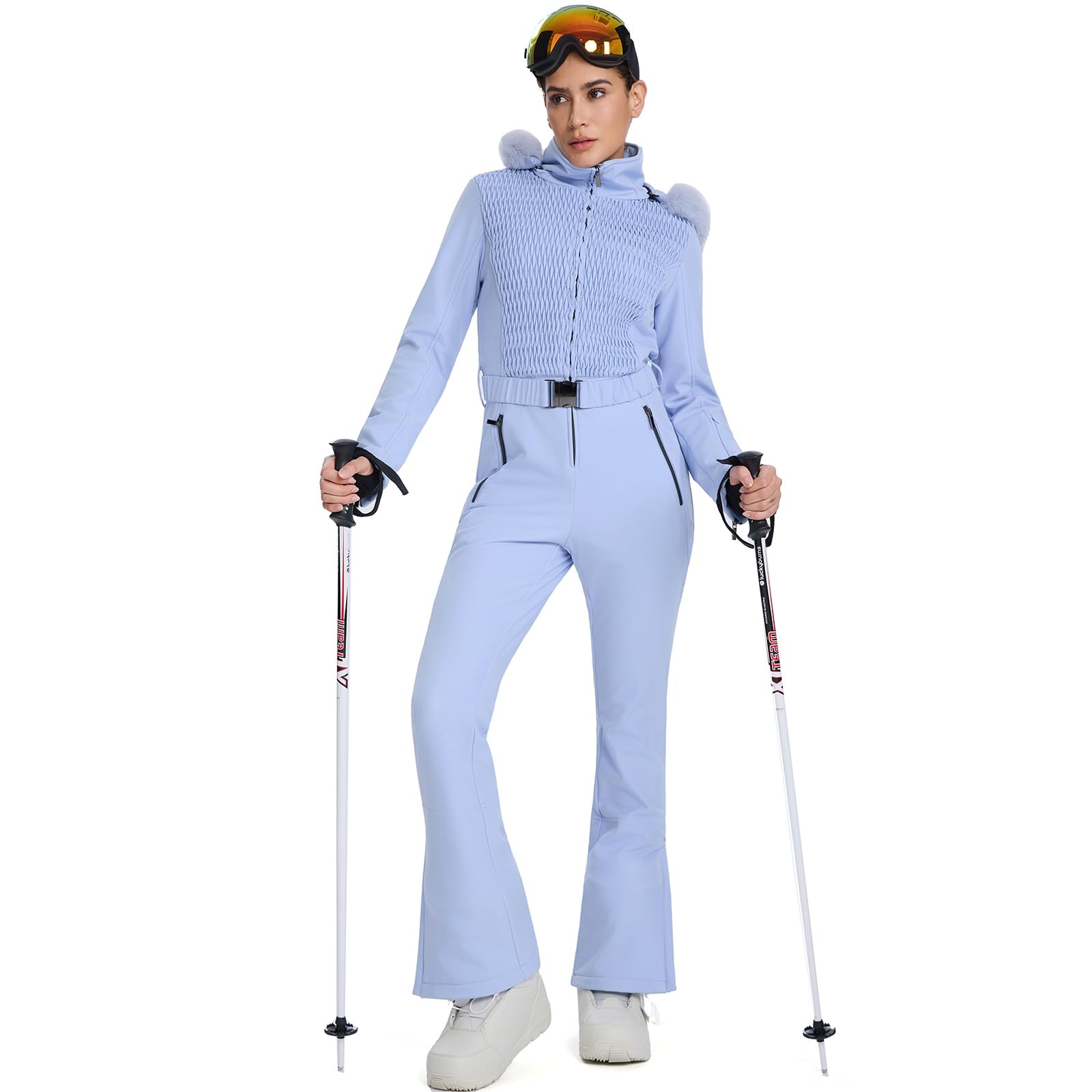 HOTIAN Tuta da sci da donna, monopezzo, impermeabile, antivento, calda, con cappuccio, Blu, XL