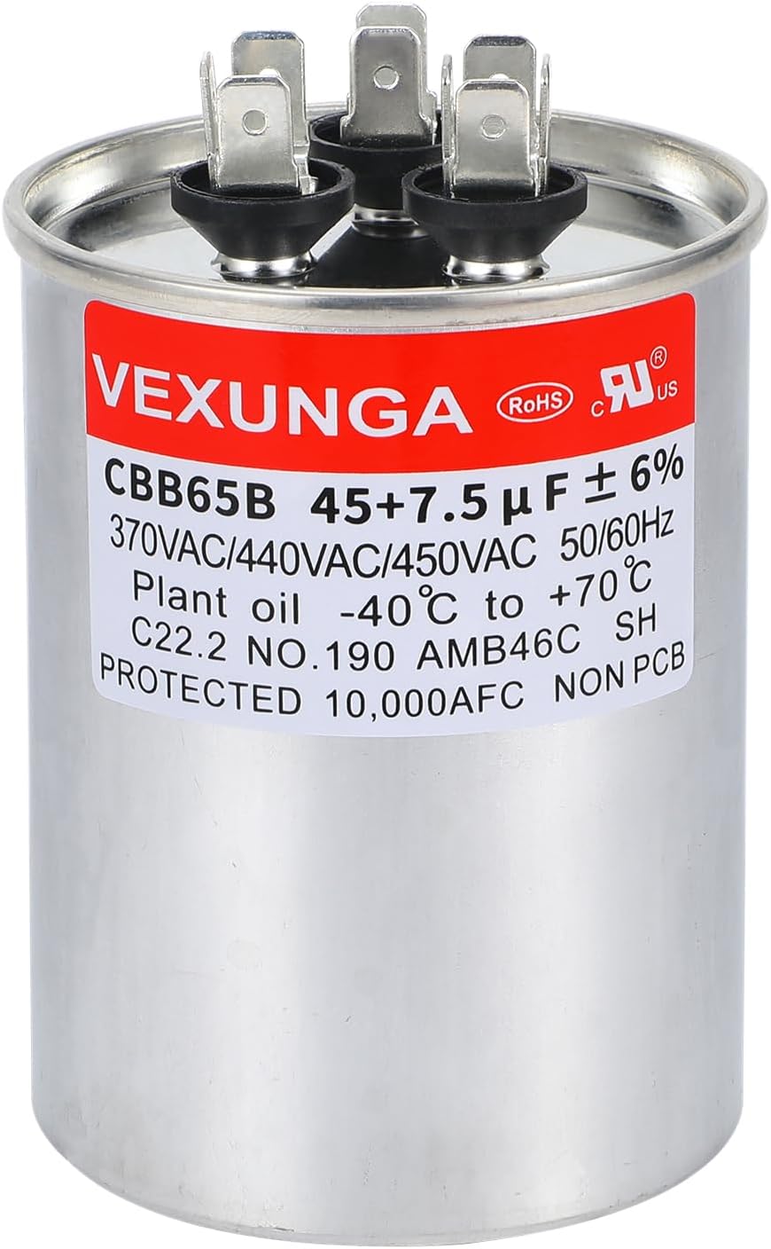 45/7.5uF AC Capacitor 45 7.5 MFD 370/440/450 VAC CBB65B Dual Run Start Capacitors for Air Conditioner Compacitor Motor or Compressor Fan or Condenser Straight Cool