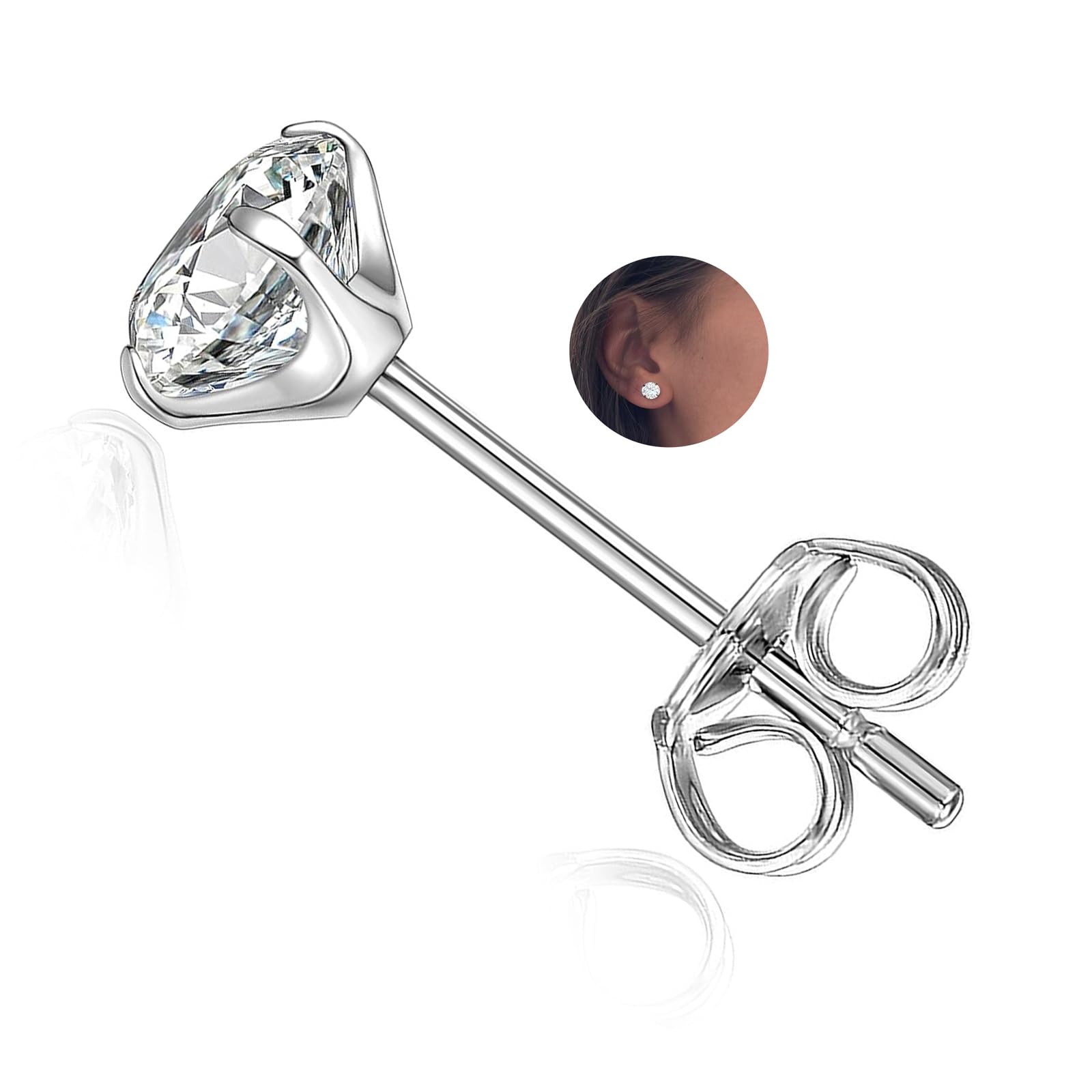 BeutiLakoko Hypoallergenic Earring for Women Men G23 Titanium 18K Plated Silver Brilliant Cut Simulated Diamond 5mm Cubic Zirconia Stud Earrings