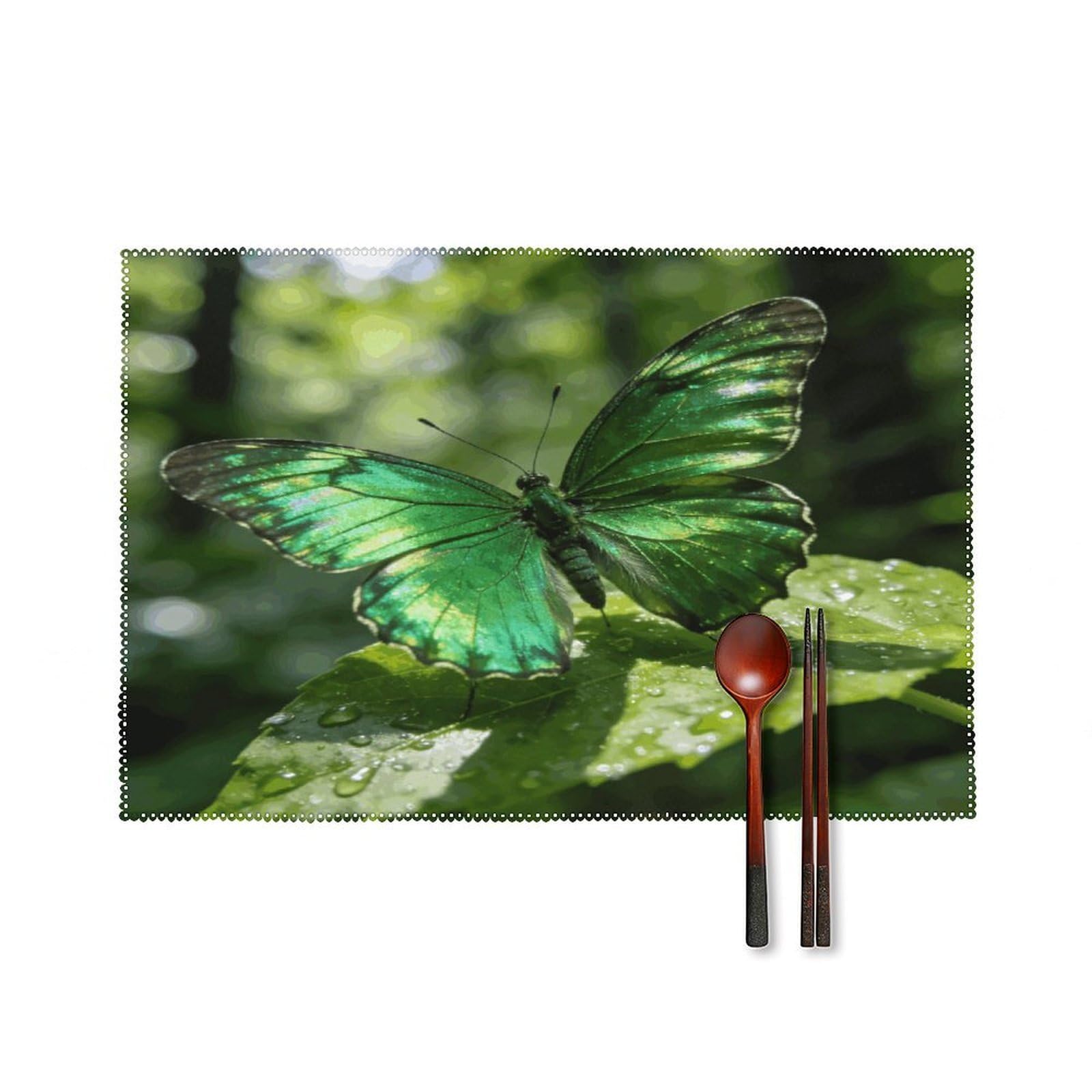 Khauerbc Style Butterfly-Green Placemats Set Of 6,Decorating The Dining Table，Canvas Washable Table Mats，Wipe Clean Anti Slip Dining Table Place Mats For Party Kitchen Dining Decoration