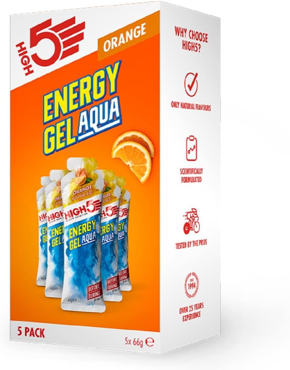 Energy Gels Aqua - Quick Release Sports Gels to Power Muscles for Peak Performance - Natural Fruit Juice & Caffeine-Free - Fast Energy Boost for Running, Cycling, Endurance (Orange, 5 x 66g)
