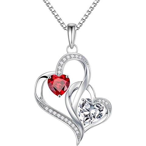 Iefil Christmas Gifts for Women - Double Heart Birthstone Necklace, 925 Sterling Silver Heart Pendant Necklace, Anniversary Birthday Gifts for Women | Personalized Jewelry Gift for Wife Mom Girlfriend