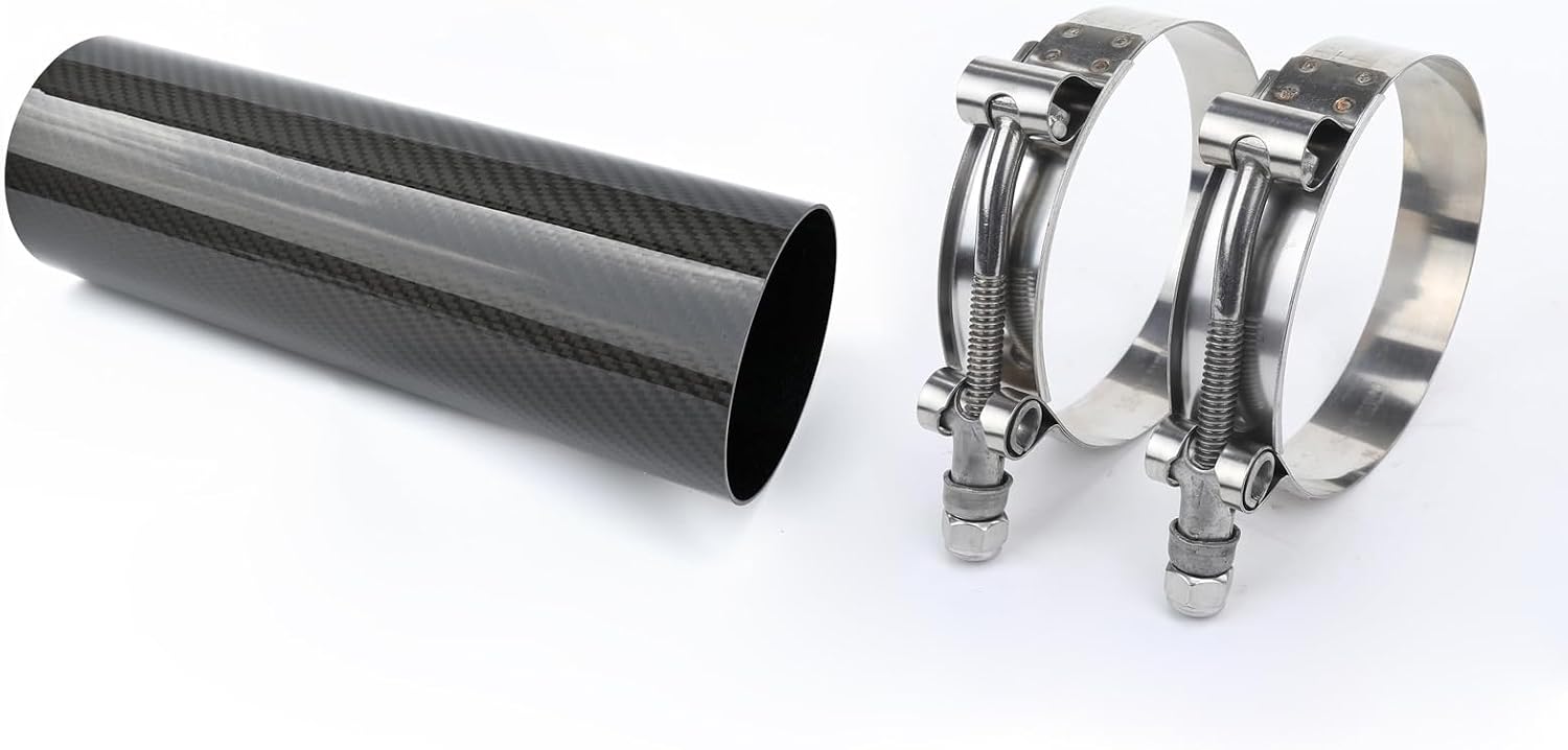 AC PERFORMANCE OD 3 inch (76mm) Straight Carbon Fiber Tube with Full 304 Stainless Steel 3" T-Bolt Hose Clamp