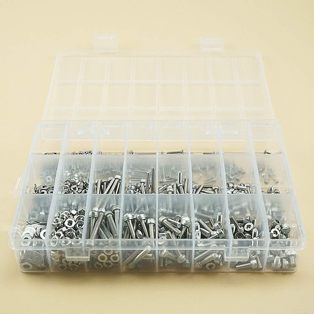 Outils Capuchon à douille Hexagonale Vis Ensemble - M2 M3 M4 Inoxydable Acier Machine Pan Tête Hex Douille Bouton Tête Cap Boulons Écrous Plat Rondelles Assortiment Kit 1080 pièces