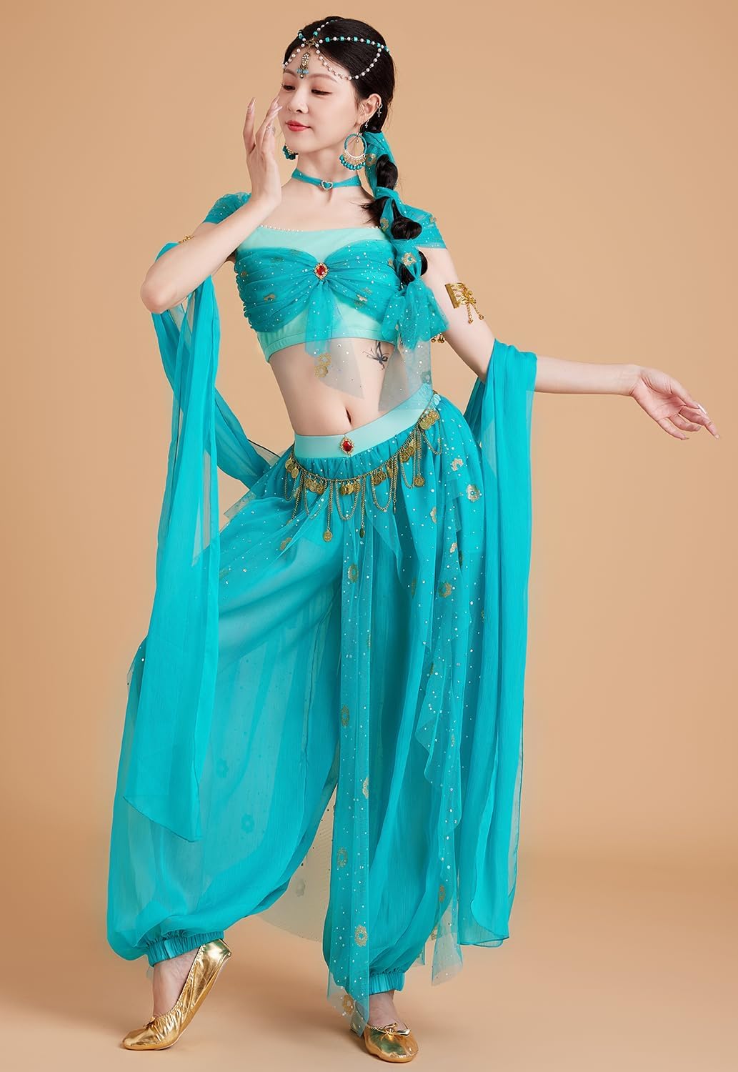 Arabian Jasmine Costume for Women Princess Dress Up Halloween Belly Dance Top Pants 4 Piece Outfit - Image 4