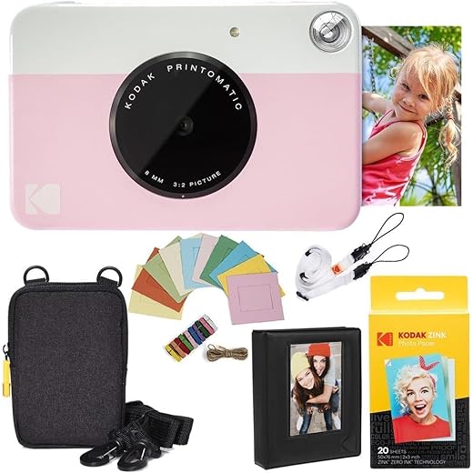 Kodak Printomatic Instant Camera Bundle (Pink) Zink Paper (20 Sheets) - Case - Photo Album - Hanging Frames.