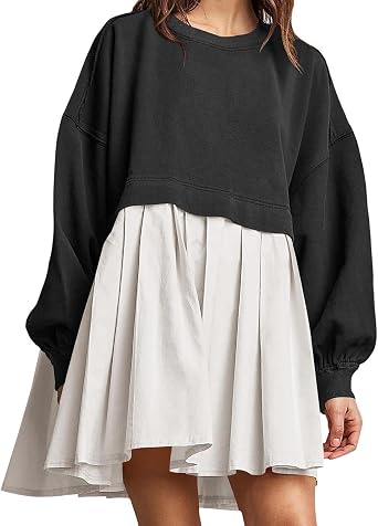 Dresses for Women Long Cuffed Sleeve Crew Neck Color Block High Waist Fake Two-Piece Pleated Skirts