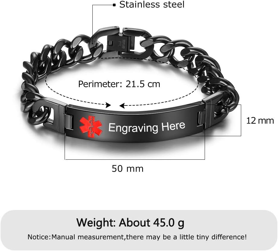 Custom Medical Alert Bracelet Engraved Emergency ID Stainless Steel Bracelets for Adults Men Women 7.5-8.5-9.8 Inch