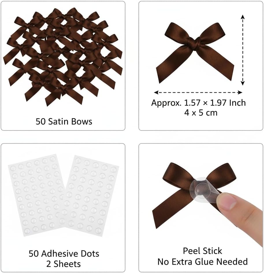 Mini Satin Ribbon Bows with Adhesive Backing, 50 PCS for Gift Wrapping, Crafts, Wedding, Christmas Decor - Multi-Color Assortment Available (1.57x1.97 Inch) (Brown) image 2