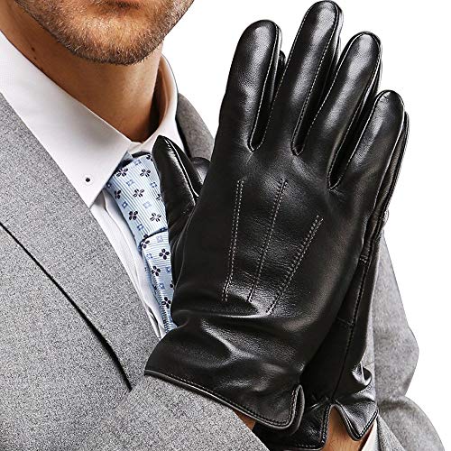 Leather Gloves for Mens Full-Hand Touchscreen Gift Packaging Cold Weather Glove (XL-9.4"（US Standard Size）, BLACK)