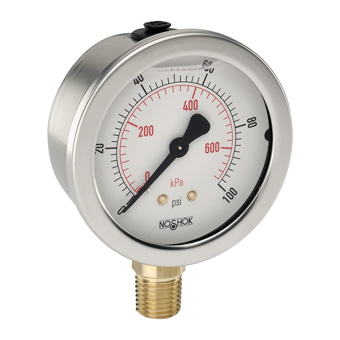Pressure Gauge, 2.5" 304SS Case, Copper Alloy Internals, 100 psi/kPa, 1/4 NPT Male Bottom Conn, Glycerin Filled