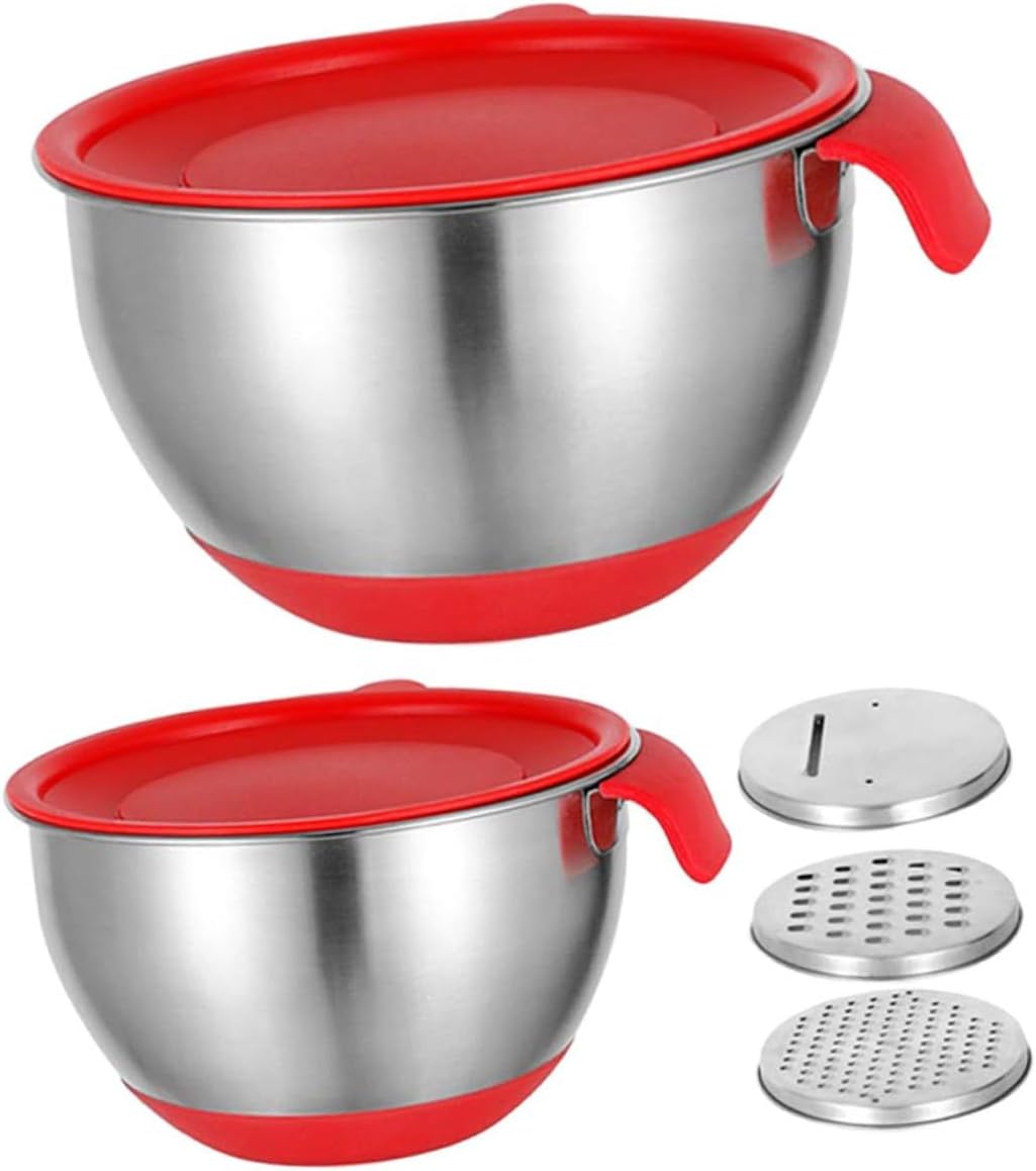 Stainless Steel Mixing Bowl with Red Silicone Non-slip Base and Handle, 18cm 20cm Salad and Dough Bowls Set with Lids and 3 Graters for Daily Food Prep and Baking